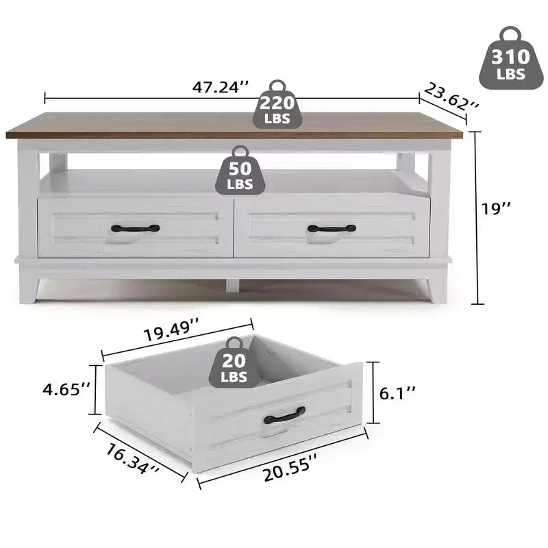 Table basse de ferme avec tiroirs, Table basse rustique de 120 cm de couleur marron pour le salon, avec étagère ouverte et 6 pieds de support