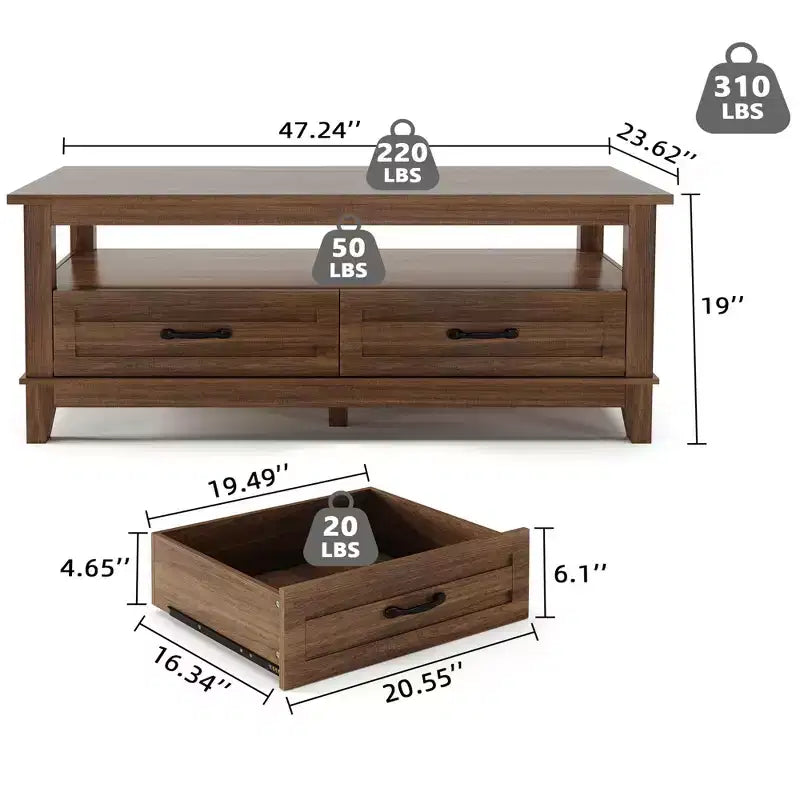 Table basse de ferme avec tiroirs, Table basse rustique de 120 cm de couleur marron pour le salon, avec étagère ouverte et 6 pieds de support