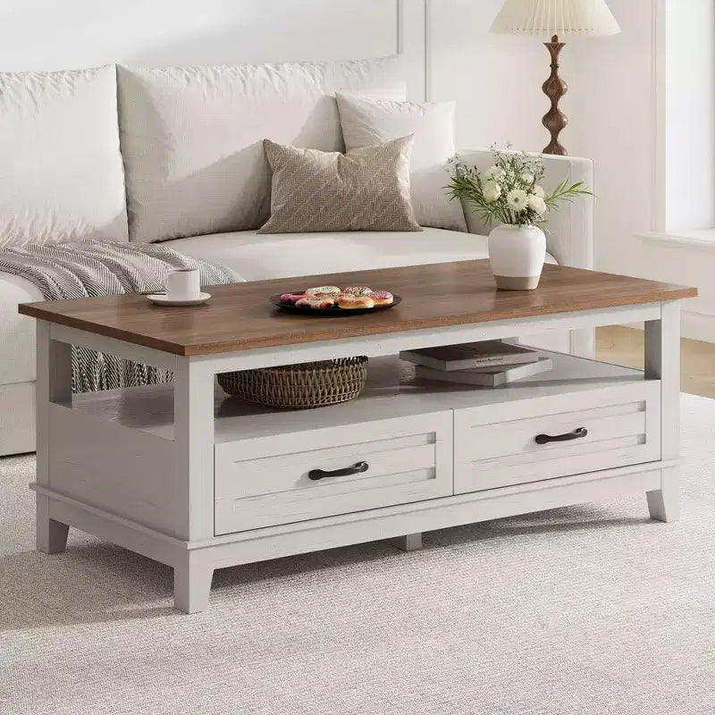 Table basse de ferme avec tiroirs, Table basse rustique de 120 cm de couleur marron pour le salon, avec étagère ouverte et 6 pieds de support