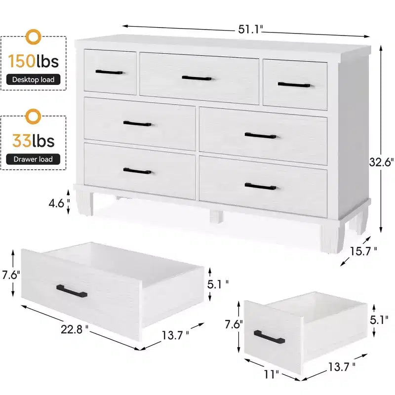 Commode GustoWave à 7 tiroirs, meuble de rangement avec poignées métalliques, organisateur de commode en bois pour chambre à coucher, salon