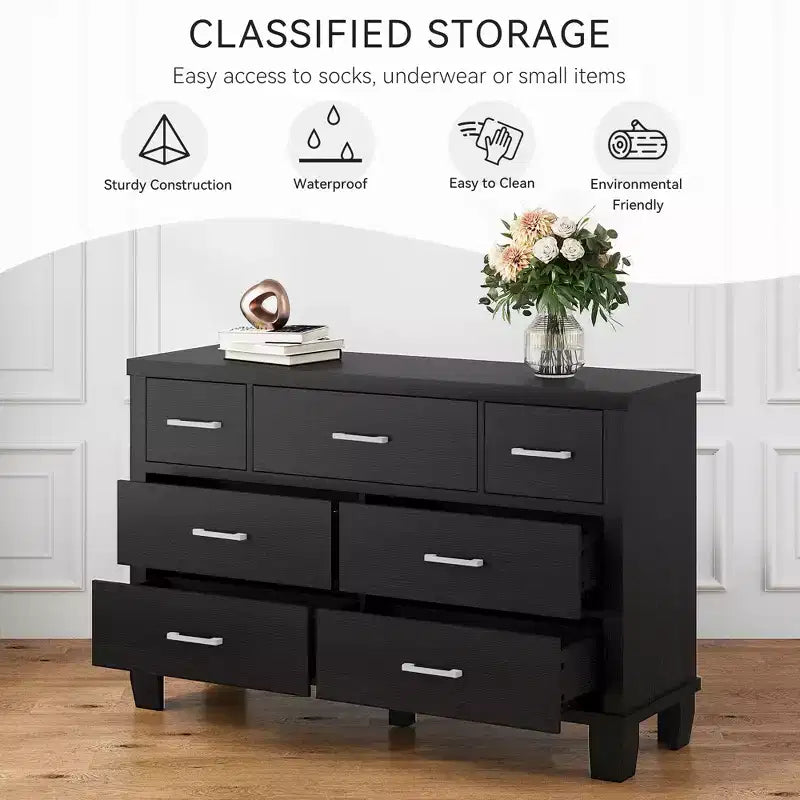 Commode GustoWave à 7 tiroirs, meuble de rangement avec poignées métalliques, organisateur de commode en bois pour chambre à coucher, salon