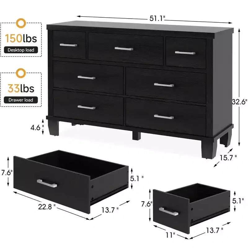 Commode GustoWave à 7 tiroirs, meuble de rangement avec poignées métalliques, organisateur de commode en bois pour chambre à coucher, salon