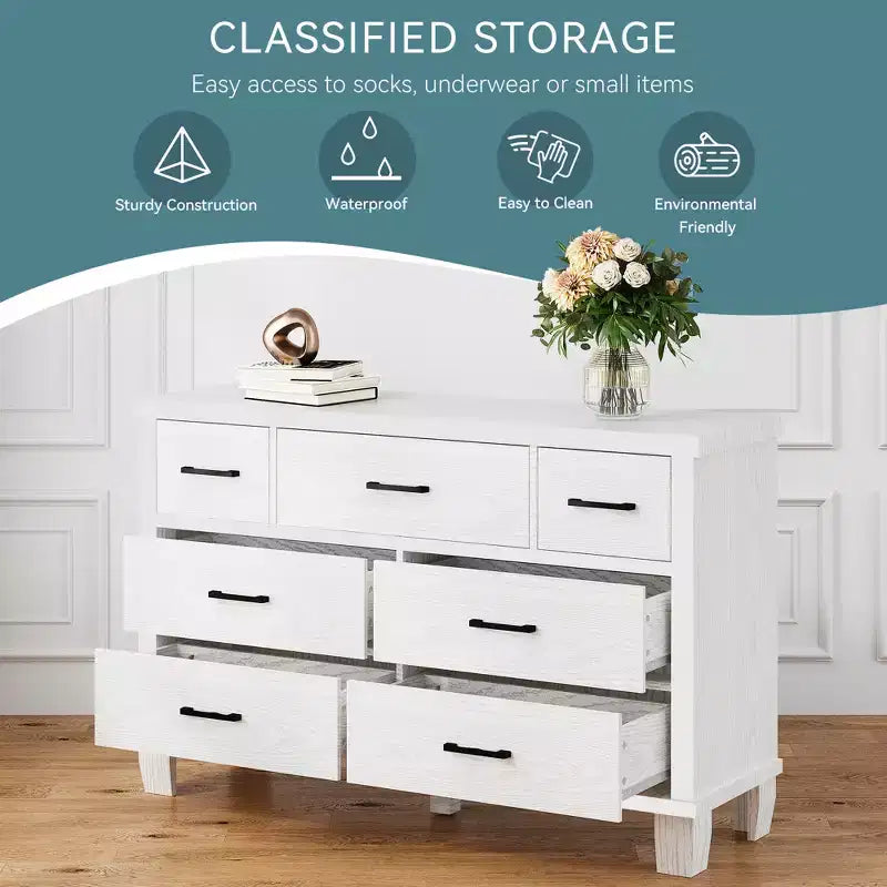 Commode GustoWave à 7 tiroirs, meuble de rangement avec poignées métalliques, organisateur de commode en bois pour chambre à coucher, salon