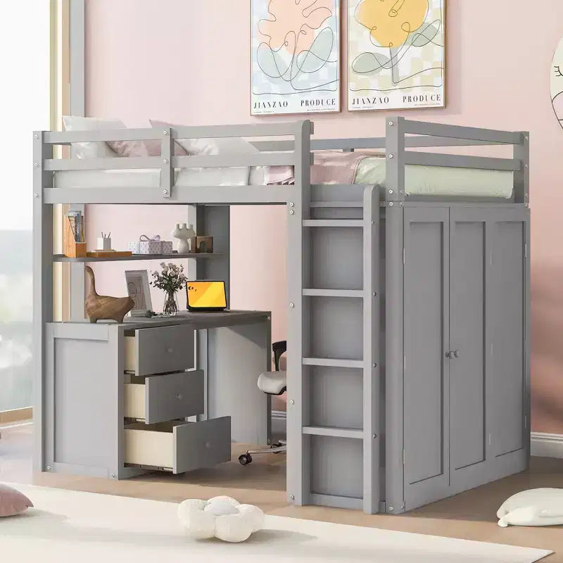 Lit mezzanine CLIHOME grand format avec 3 tiroirs de rangement, bureau et armoire