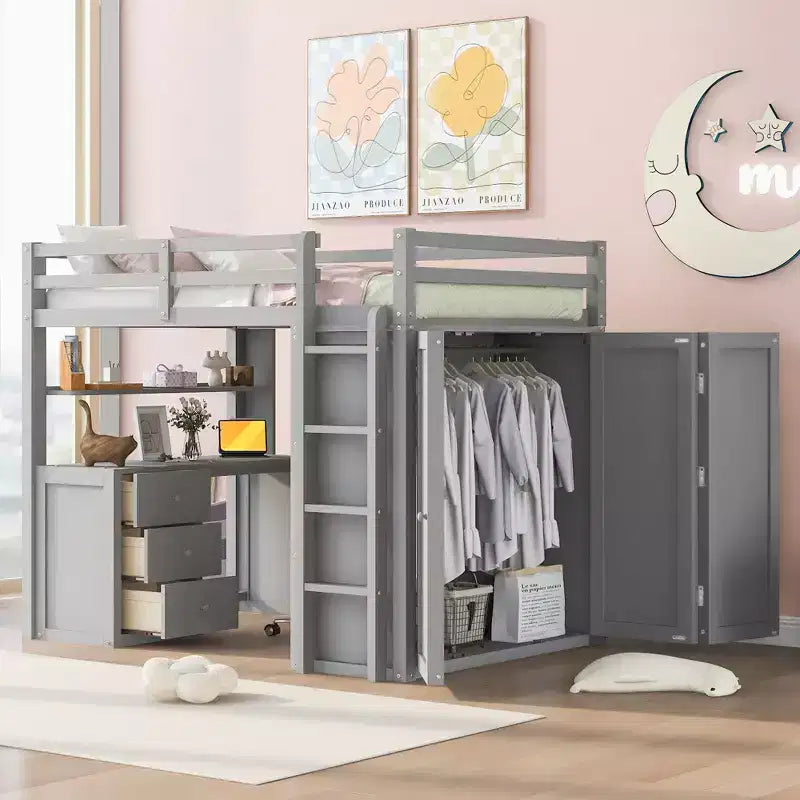 Lit mezzanine CLIHOME grand format avec 3 tiroirs de rangement, bureau et armoire