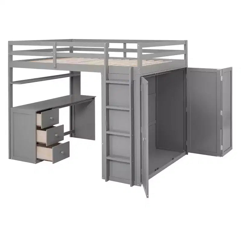 Lit mezzanine CLIHOME grand format avec 3 tiroirs de rangement, bureau et armoire