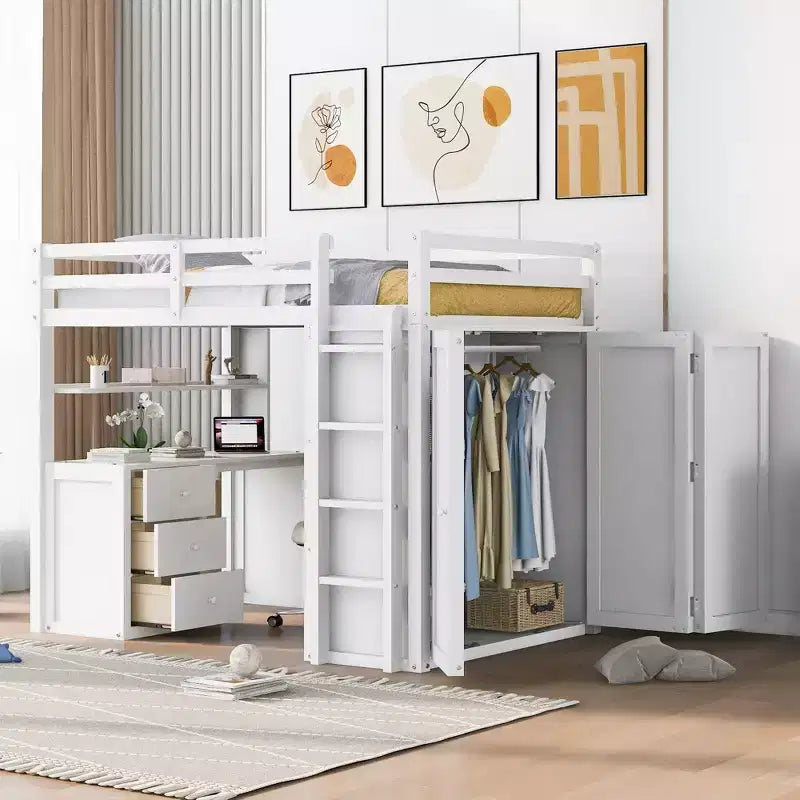 Lit mezzanine CLIHOME grand format avec 3 tiroirs de rangement, bureau et armoire