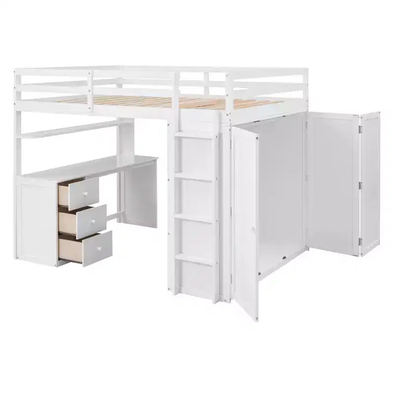Lit mezzanine CLIHOME grand format avec 3 tiroirs de rangement, bureau et armoire