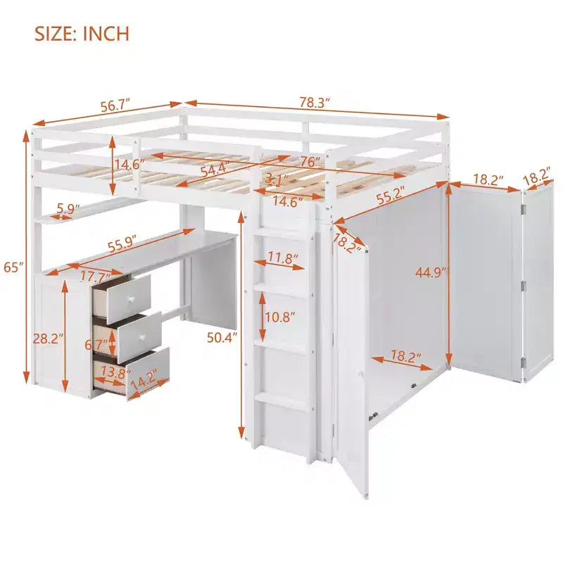 Lit mezzanine CLIHOME grand format avec 3 tiroirs de rangement, bureau et armoire