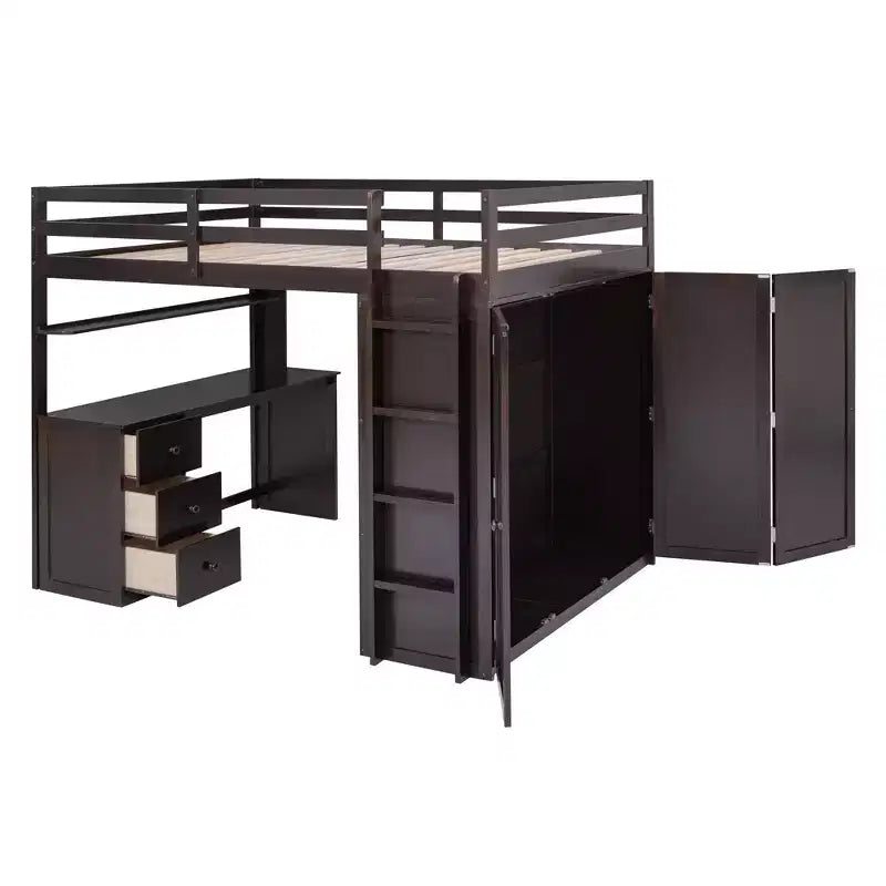 Lit mezzanine CLIHOME grand format avec 3 tiroirs de rangement, bureau et armoire