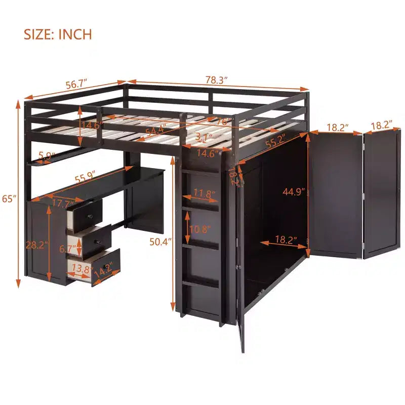 Lit mezzanine CLIHOME grand format avec 3 tiroirs de rangement, bureau et armoire