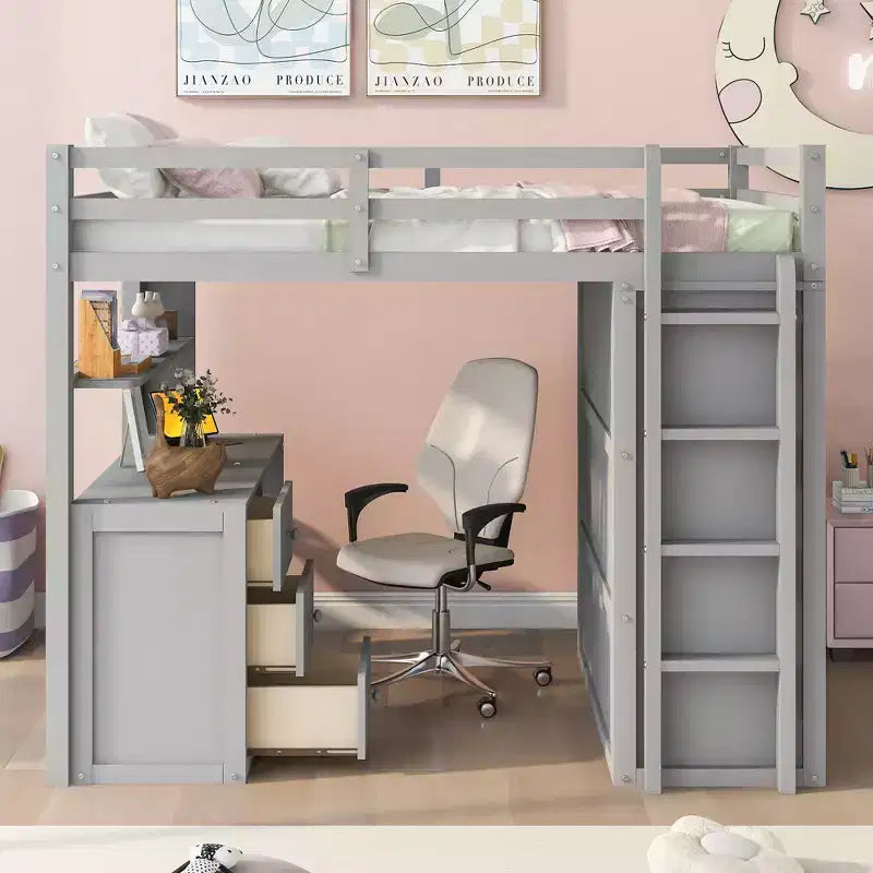 Lit mezzanine CLIHOME grand format avec 3 tiroirs de rangement, bureau et armoire