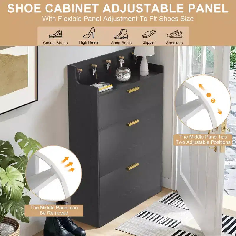 Meuble à chaussures VECELO avec 2 tiroirs basculants, Organisateur de rangement étroit et autonome avec crochets pour entrée ou couloir, Noir/Blanc