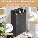 Meuble à chaussures VECELO avec 2 tiroirs basculants, Organisateur de rangement étroit et autonome avec crochets pour entrée ou couloir, Noir/Blanc