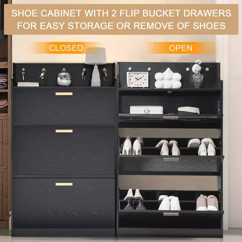 Meuble à chaussures VECELO avec 2 tiroirs basculants, Organisateur de rangement étroit et autonome avec crochets pour entrée ou couloir, Noir/Blanc