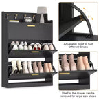 Meuble à chaussures VECELO avec 2 tiroirs basculants, Organisateur de rangement étroit et autonome avec crochets pour entrée ou couloir, Noir/Blanc