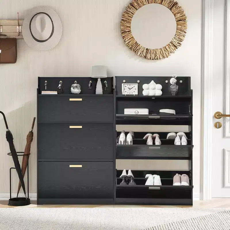 Meuble à chaussures VECELO avec 2 tiroirs basculants, Organisateur de rangement étroit et autonome avec crochets pour entrée ou couloir, Noir/Blanc