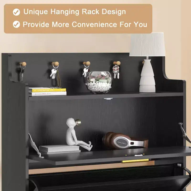 Meuble à chaussures VECELO avec 2 tiroirs basculants, Organisateur de rangement étroit et autonome avec crochets pour entrée ou couloir, Noir/Blanc