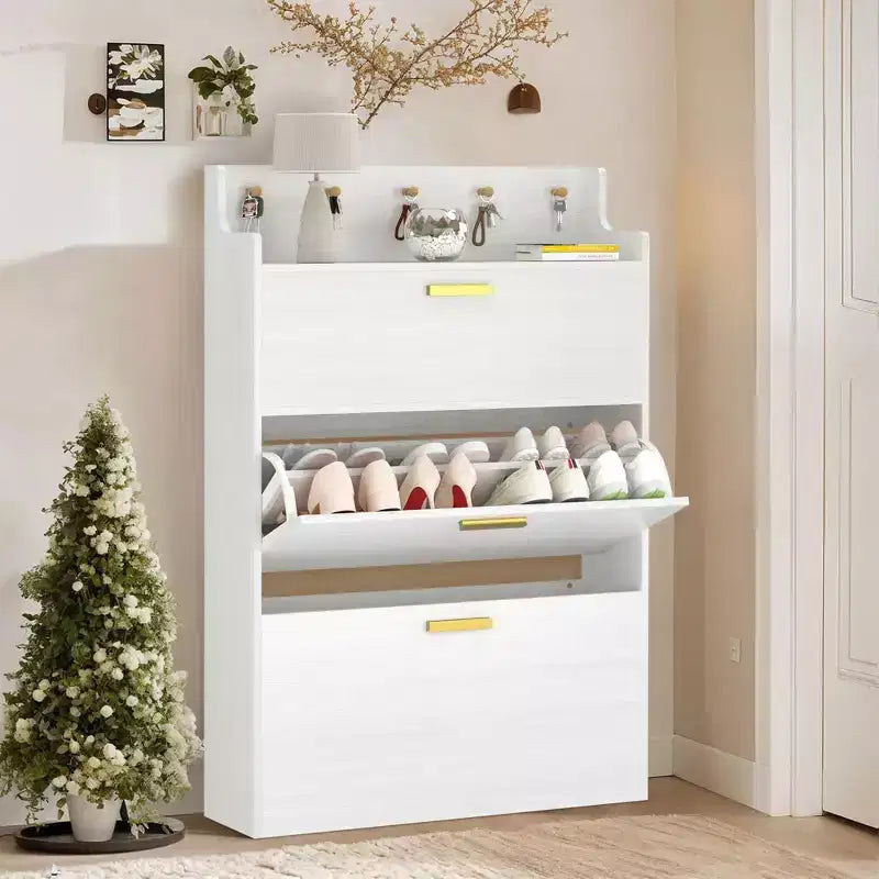 Meuble à chaussures VECELO avec 2 tiroirs basculants, Organisateur de rangement étroit et autonome avec crochets pour entrée ou couloir, Noir/Blanc