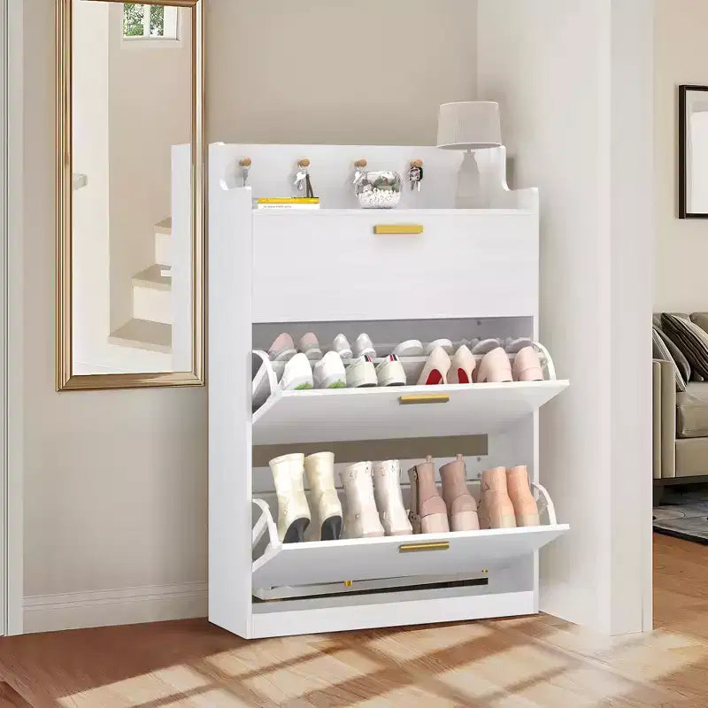 Meuble à chaussures VECELO avec 2 tiroirs basculants, Organisateur de rangement étroit et autonome avec crochets pour entrée ou couloir, Noir/Blanc