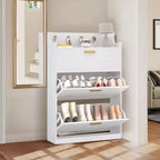 Meuble à chaussures VECELO avec 2 tiroirs basculants, Organisateur de rangement étroit et autonome avec crochets pour entrée ou couloir, Noir/Blanc