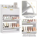 Meuble à chaussures VECELO avec 2 tiroirs basculants, Organisateur de rangement étroit et autonome avec crochets pour entrée ou couloir, Noir/Blanc