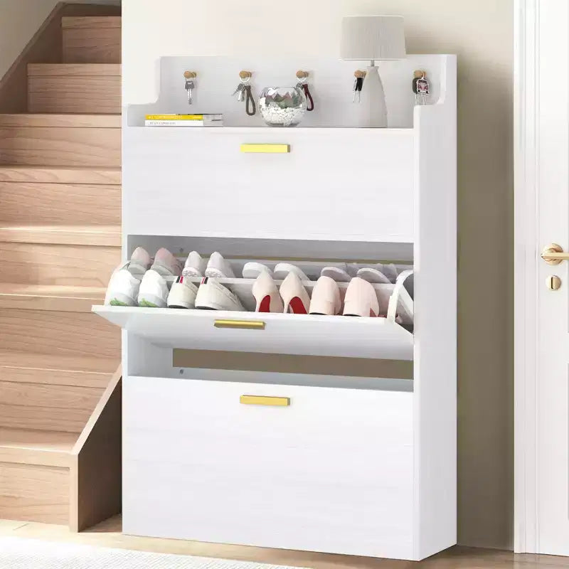 Meuble à chaussures VECELO avec 2 tiroirs basculants, Organisateur de rangement étroit et autonome avec crochets pour entrée ou couloir, Noir/Blanc