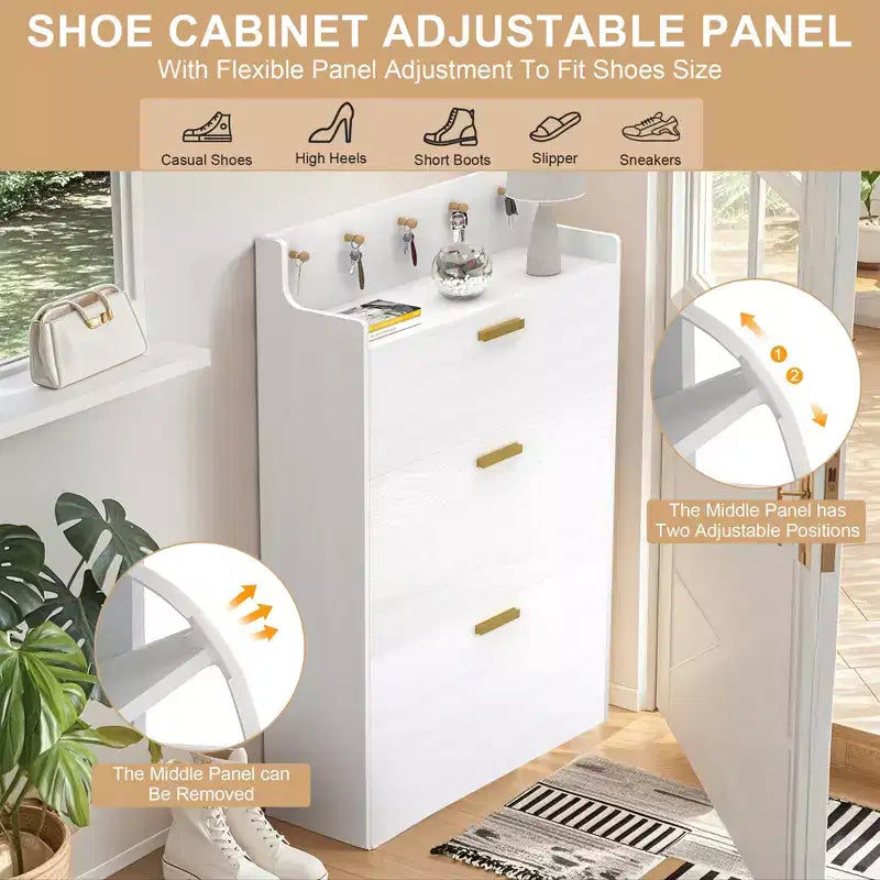 Meuble à chaussures VECELO avec 2 tiroirs basculants, Organisateur de rangement étroit et autonome avec crochets pour entrée ou couloir, Noir/Blanc