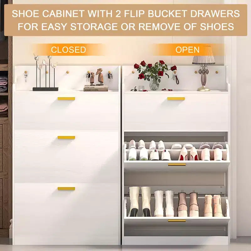 Meuble à chaussures VECELO avec 2 tiroirs basculants, Organisateur de rangement étroit et autonome avec crochets pour entrée ou couloir, Noir/Blanc
