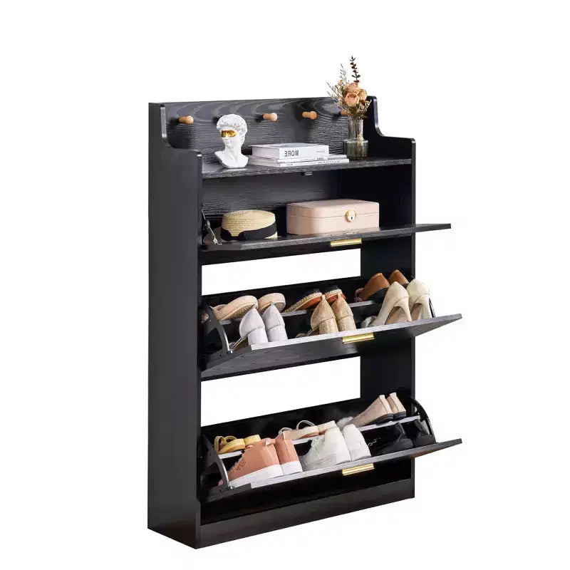 Meuble à chaussures VECELO avec 2 tiroirs basculants, Organisateur de rangement étroit et autonome avec crochets pour entrée ou couloir, Noir/Blanc