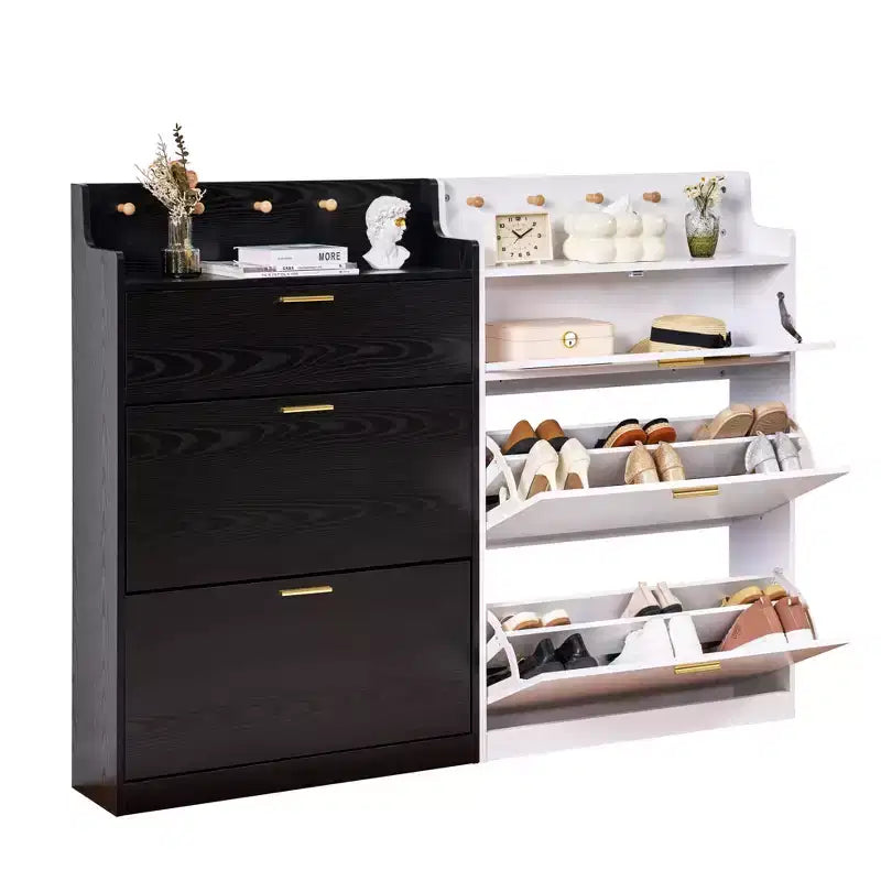 Meuble à chaussures VECELO avec 2 tiroirs basculants, Organisateur de rangement étroit et autonome avec crochets pour entrée ou couloir, Noir/Blanc