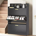 Meuble à chaussures VECELO avec 2 tiroirs basculants, Organisateur de rangement étroit et autonome avec crochets pour entrée ou couloir, Noir/Blanc