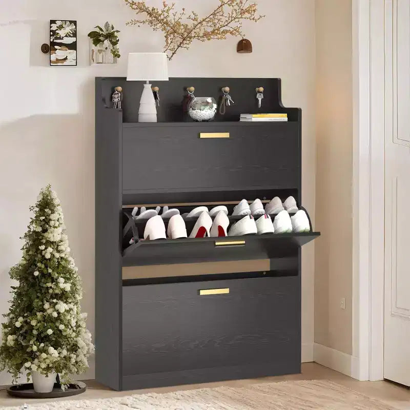 Meuble à chaussures VECELO avec 2 tiroirs basculants, Organisateur de rangement étroit et autonome avec crochets pour entrée ou couloir, Noir/Blanc
