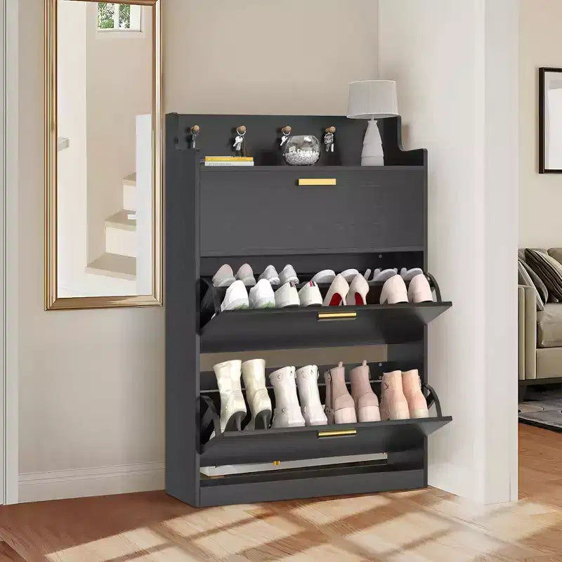 Meuble à chaussures VECELO avec 2 tiroirs basculants, Organisateur de rangement étroit et autonome avec crochets pour entrée ou couloir, Noir/Blanc