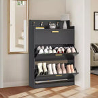 Meuble à chaussures VECELO avec 2 tiroirs basculants, Organisateur de rangement étroit et autonome avec crochets pour entrée ou couloir, Noir/Blanc
