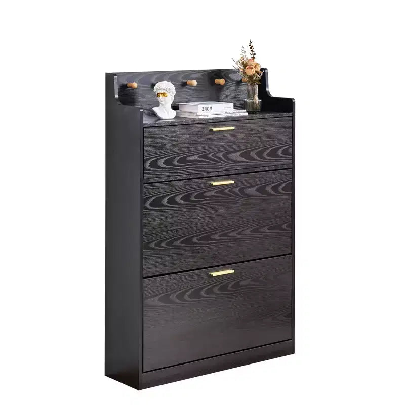Meuble à chaussures VECELO avec 2 tiroirs basculants, Organisateur de rangement étroit et autonome avec crochets pour entrée ou couloir, Noir/Blanc