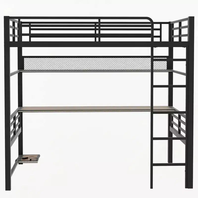 Lit mezzanine pleine grandeur en métal Whisen avec étagère de rangement et éclairage LED - Noir