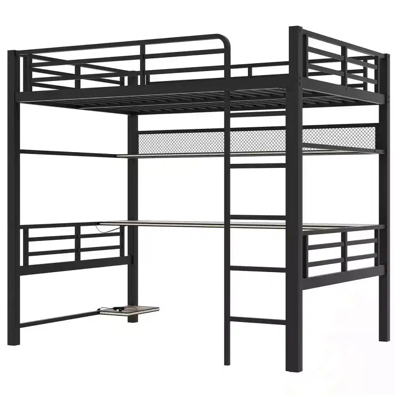 Lit mezzanine pleine grandeur en métal Whisen avec étagère de rangement et éclairage LED - Noir