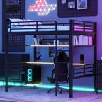 Lit mezzanine pleine grandeur en métal Whisen avec étagère de rangement et éclairage LED - Noir