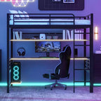 Lit mezzanine pleine grandeur en métal Whisen avec étagère de rangement et éclairage LED - Noir