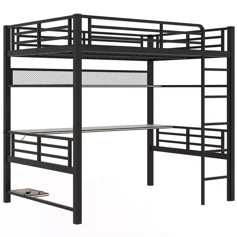 Lit mezzanine pleine grandeur en métal Whisen avec étagère de rangement et éclairage LED - Noir