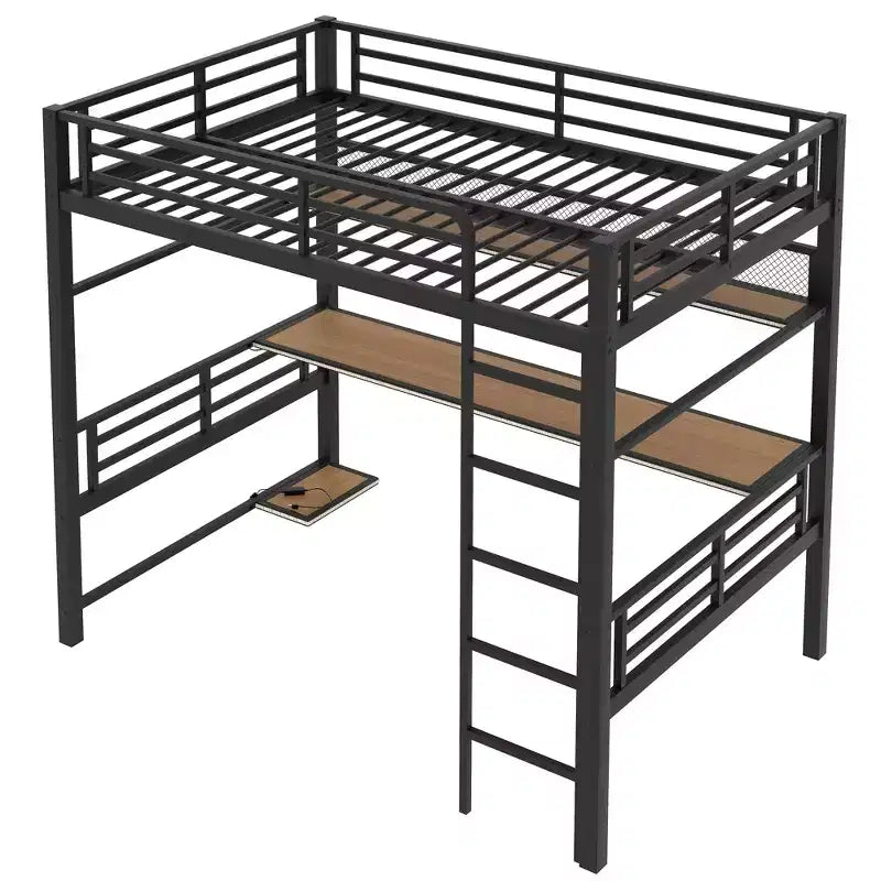 Lit mezzanine pleine grandeur en métal Whisen avec étagère de rangement et éclairage LED - Noir