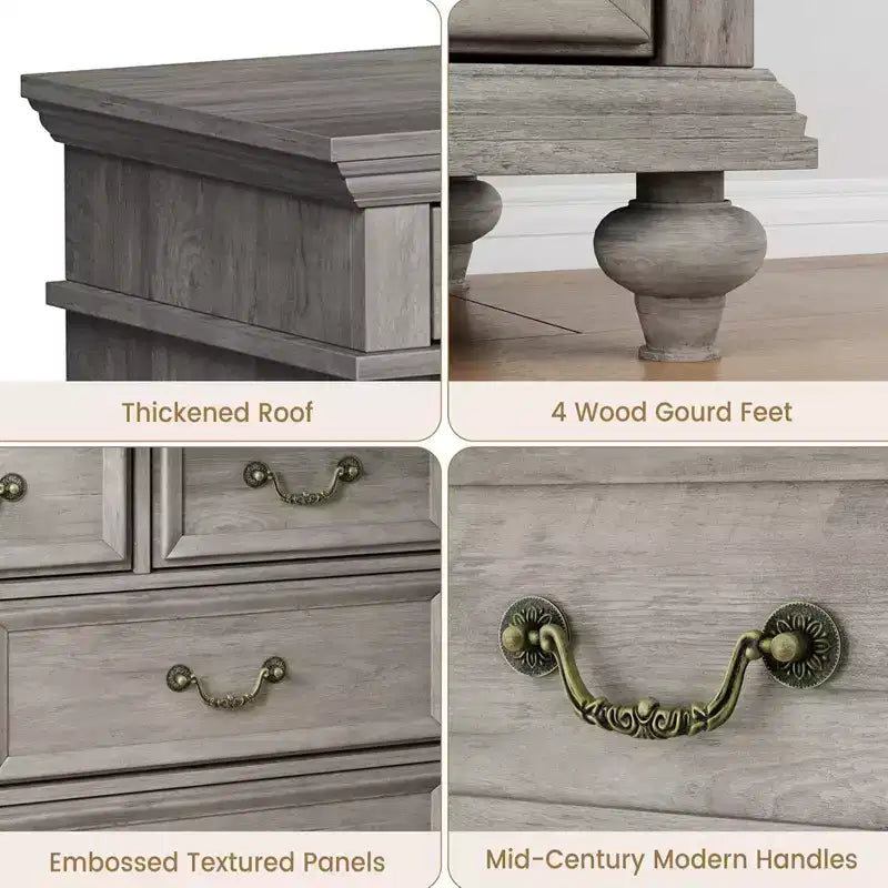 Commode en bois GustoWave, commode à 9 tiroirs avec grande unité de rangement et poignées métalliques vintage pour chambre à coucher, salon, entrée