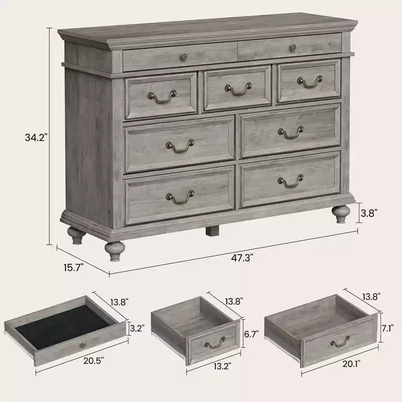 Commode en bois GustoWave, commode à 9 tiroirs avec grande unité de rangement et poignées métalliques vintage pour chambre à coucher, salon, entrée