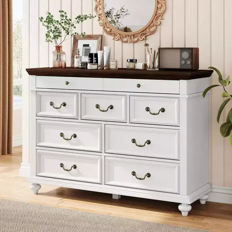 Commode en bois GustoWave, commode à 9 tiroirs avec grande unité de rangement et poignées métalliques vintage pour chambre à coucher, salon, entrée