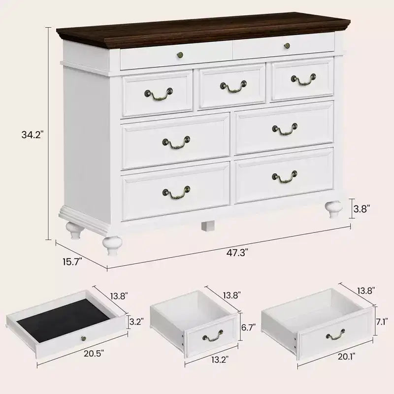 Commode en bois GustoWave, commode à 9 tiroirs avec grande unité de rangement et poignées métalliques vintage pour chambre à coucher, salon, entrée