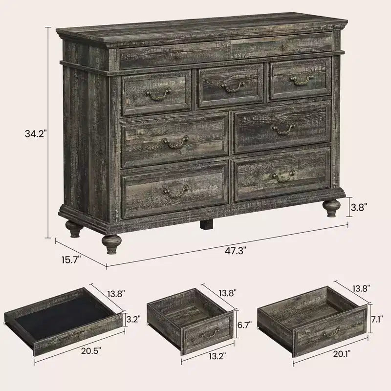 Commode en bois GustoWave, commode à 9 tiroirs avec grande unité de rangement et poignées métalliques vintage pour chambre à coucher, salon, entrée