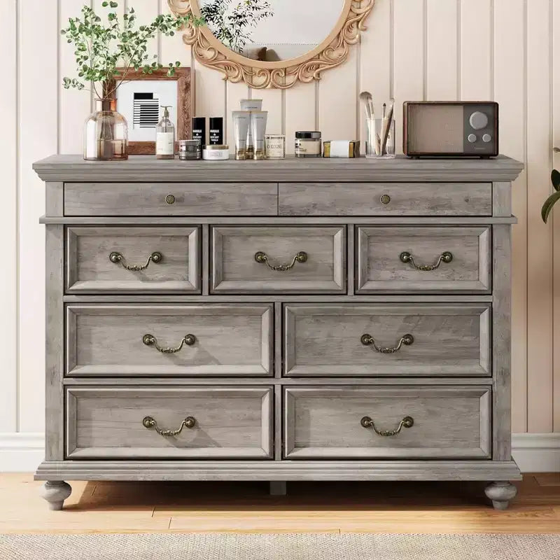 Commode en bois GustoWave, commode à 9 tiroirs avec grande unité de rangement et poignées métalliques vintage pour chambre à coucher, salon, entrée