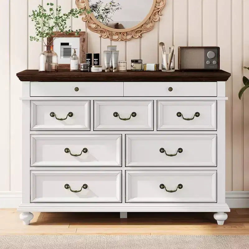 Commode en bois GustoWave, commode à 9 tiroirs avec grande unité de rangement et poignées métalliques vintage pour chambre à coucher, salon, entrée