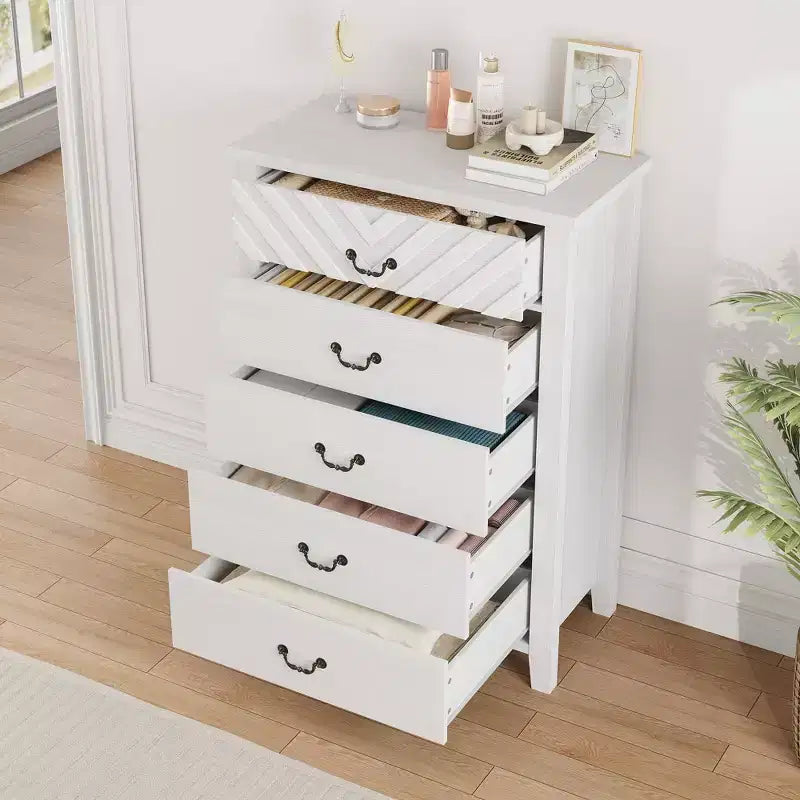 Zstar Commode 5 Tiroirs pour Chambre, Commode Haute 114,8 cm, Meuble de Rangement Vertical Autonome avec Tiroirs, Armoire de Rangement en Bois pour Chambre à Coucher